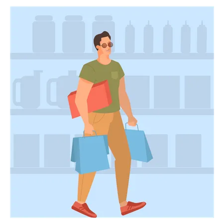 Man Walking With Grocery Bags In Supermarket Character Bying Food In The Store Isolated Flat Vector Illustration Illustration