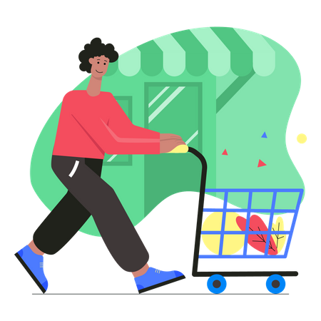 Woman walking with shopping cart Illustration