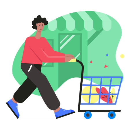Woman walking with shopping cart  Illustration
