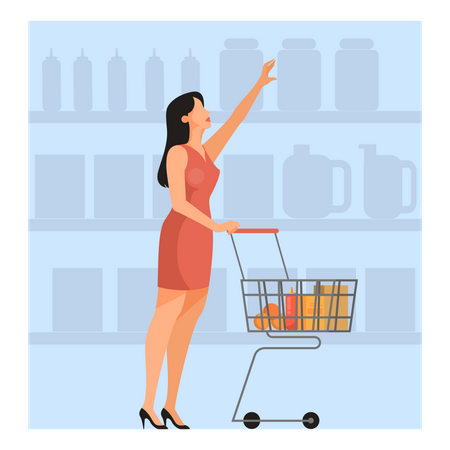 Woman walking with shopping cart in supermarket  Illustration