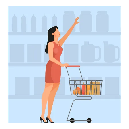 Woman walking with shopping cart in supermarket  Illustration
