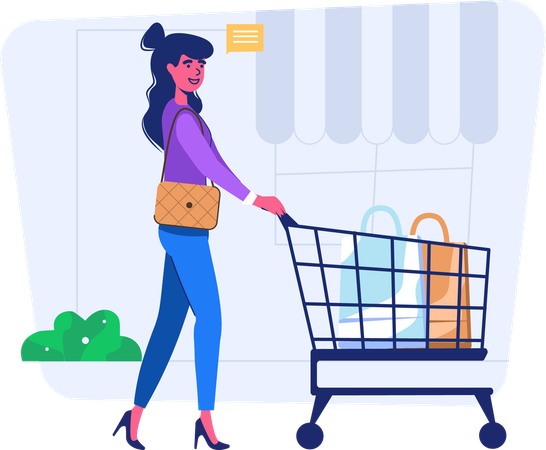 Woman walking with shopping trolley at mall  Illustration