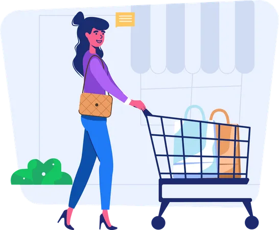 Woman walking with shopping trolley at mall  Illustration