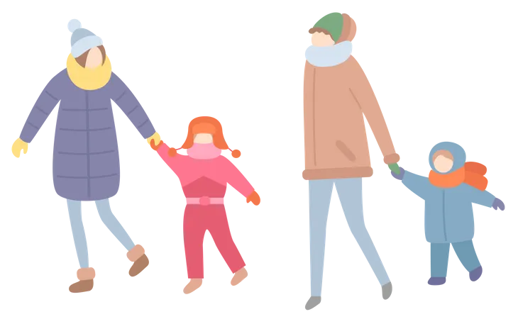 Woman walking with their children  Illustration