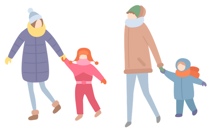 Woman walking with their children  Illustration