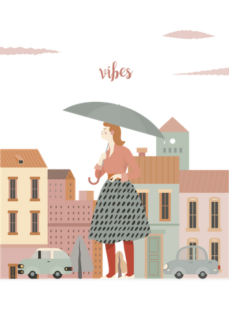 Woman walking with umbrella Illustration
