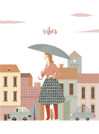 Woman walking with umbrella Illustration