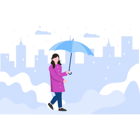 Woman walking with umbrella in rain  Illustration