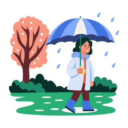 Woman walking with umbrella on rainy day  Illustration
