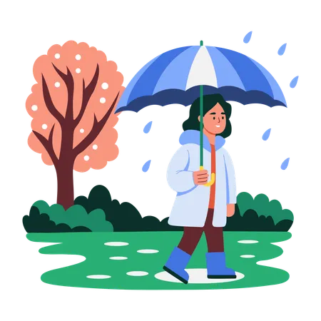 Woman walking with umbrella on rainy day  Illustration