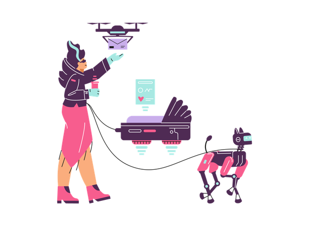 女性がロボット犬を散歩させ、スマートな空飛ぶベビーカーを操作する  イラスト