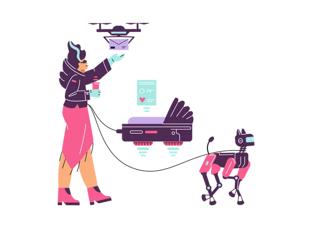 女性がロボット犬を散歩させ、スマートな空飛ぶベビーカーを操作する  イラスト
