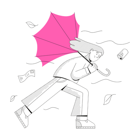 Woman walks against a strong wind  Illustration