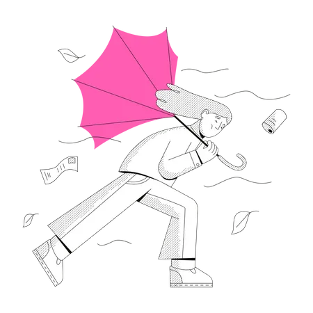 Woman walks against a strong wind  Illustration