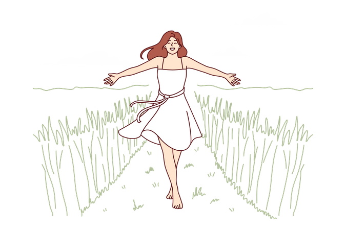 Woman walks along path among tall grass enjoying beautiful nature in farming area  Illustration