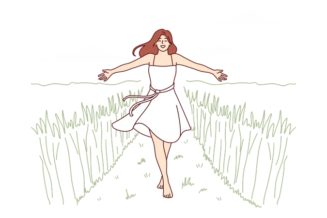 Woman walks along path among tall grass enjoying beautiful nature in farming area  Illustration