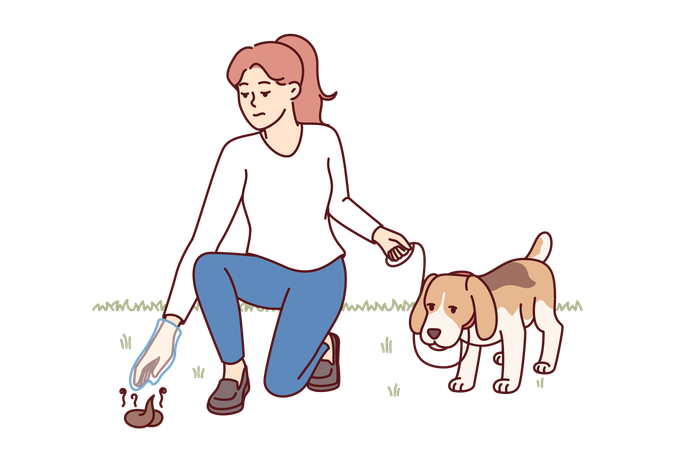 Woman walks dog with poop bag and picks up feces from ground  Illustration