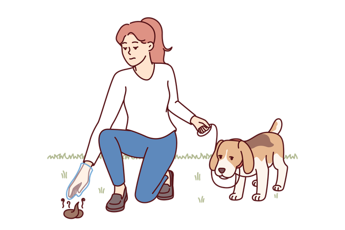 Woman walks dog with poop bag and picks up feces from ground  イラスト