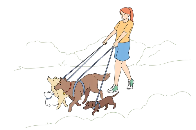 Woman walks dogs of different breeds  Illustration