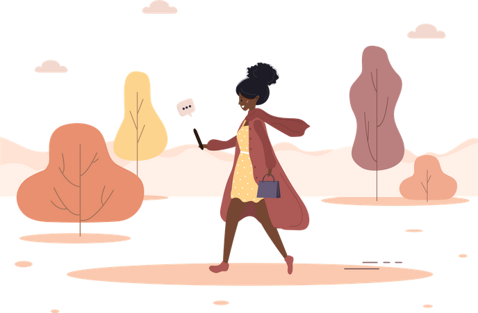 Woman walks in park and talks over video call  Illustration