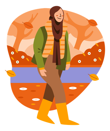 Woman walks in park during autumn fall  Illustration