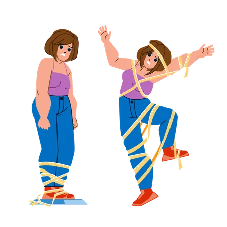 Weight Lose Scale Vector Diet Loss Body Health Fat Nutrition Slim Woman Overweight Yellow Tape Weight Lose Scale Character People Flat Cartoon Illustration Illustration