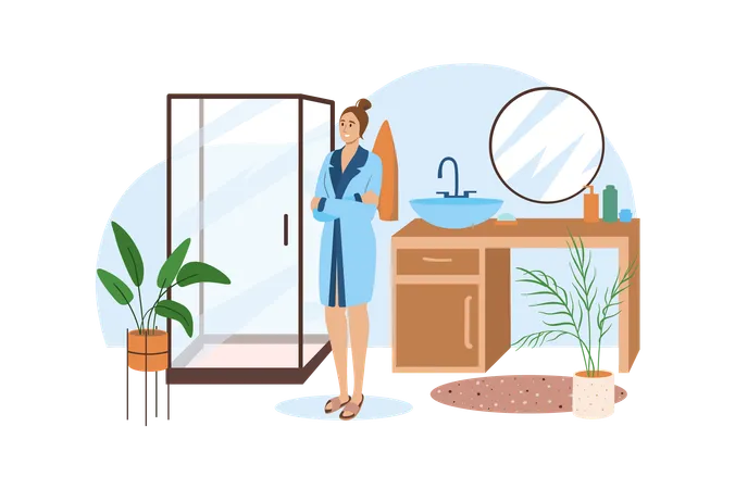 Interior Blue Concept With People Scene In The Flat Cartoon Style Woman Wants To Accept To Do Procedures In A Beautiful Bathroom Vector Illustration Illustration