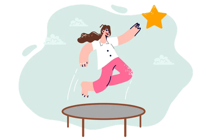 Woman wants to achieve success and reach for star and jumping on trampoline  Illustration