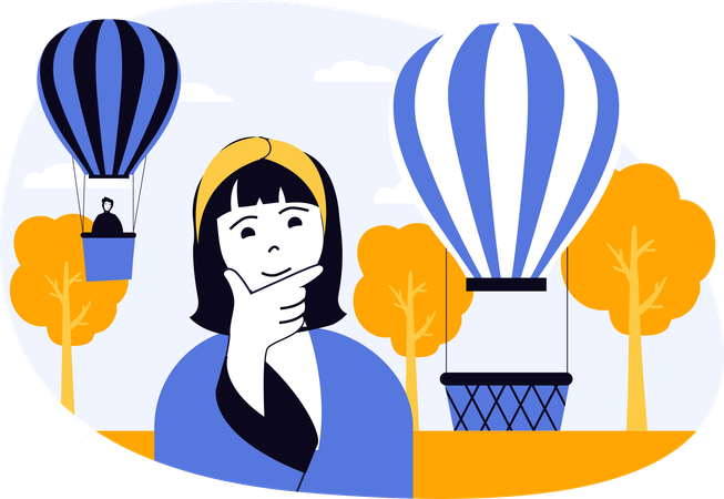 Woman wants to enjoy hot air balloon ride  Illustration