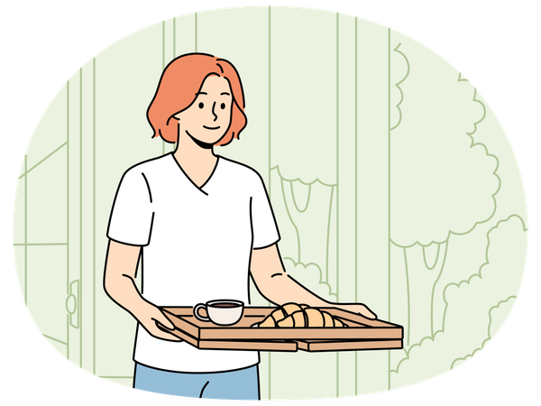 Woman wants to have breakfast in garden or in backyard carries tray of hot tea and croissants  Illustration