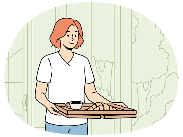 Woman wants to have breakfast in garden or in backyard carries tray of hot tea and croissants  Illustration