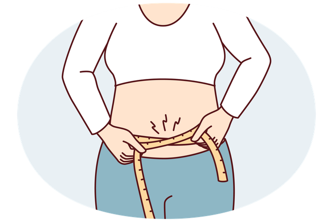 Woman wants to lose extra pounds measures waist size to track result of training  Illustration