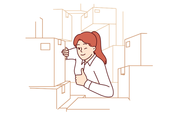 Woman warehouse supervisor shows thumbs up as sign of completion of audit and absence of lost goods  Illustration