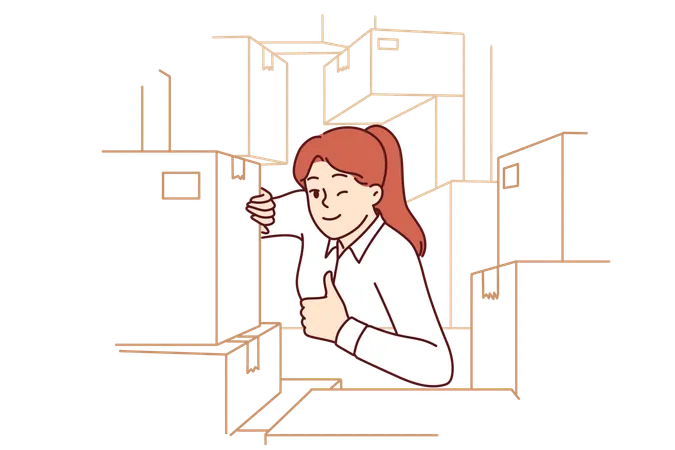 Woman Warehouse Supervisor Shows Thumbs Up As Sign Of Completion Of Audit And Absence Of Lost Goods Girl Working In Logistics Warehouse Winks Eye Urging To Use Fulfillment Services Illustration