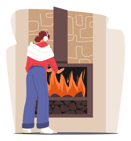 Woman Warming Hand At Fireplace Illustration