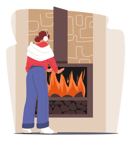 Cold Low Degrees Temperature At Home Concept Freezing Female Character Wrapped In Warm Clothes Warm Hands At Burning Fireplace Cold Winter Or Autumn Weather Freeze Cartoon Vector Illustration イラスト