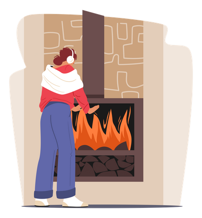 Woman Warming Hand At Fireplace  Illustration