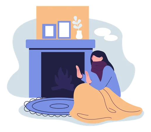 Woman Warming Herself In Front Of The Fireplace Flat Illustration 일러스트레이션