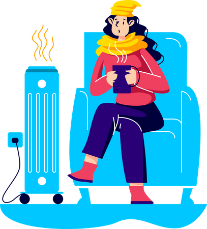 Woman warming near heater Illustration