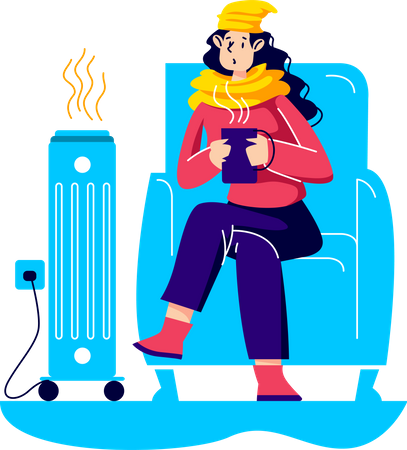 Woman warming near heater  Illustration