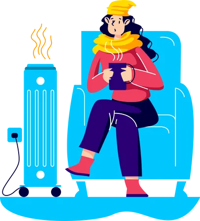 Woman warming near heater  Illustration