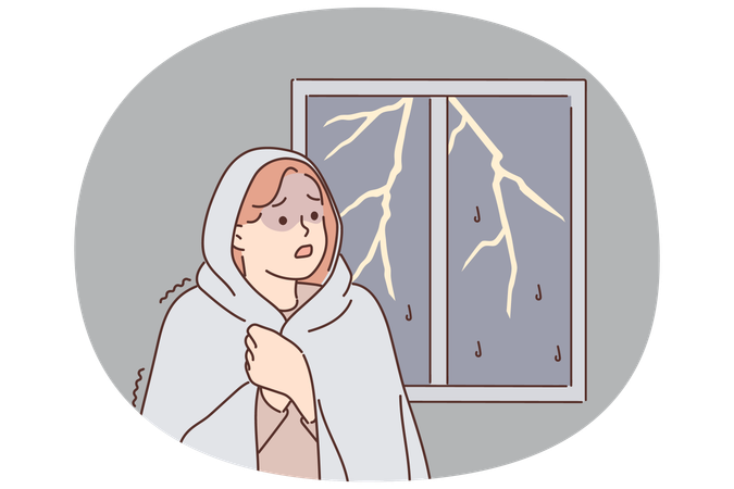 Woman was frightened by lightning and storm outside window wrapped herself in blanket  Illustration