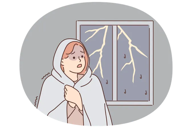 Woman was frightened by lightning and storm outside window wrapped herself in blanket  Illustration