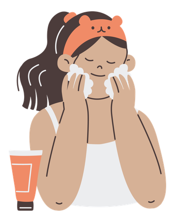 Woman washes face with foam  Illustration