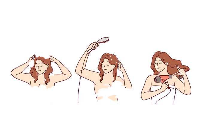 Woman washes head and takes care of hair using high-quality shampoo in shower and electric hairdryer  Illustration