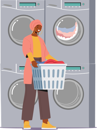 Woman washes her clothes in public laundry  Illustration