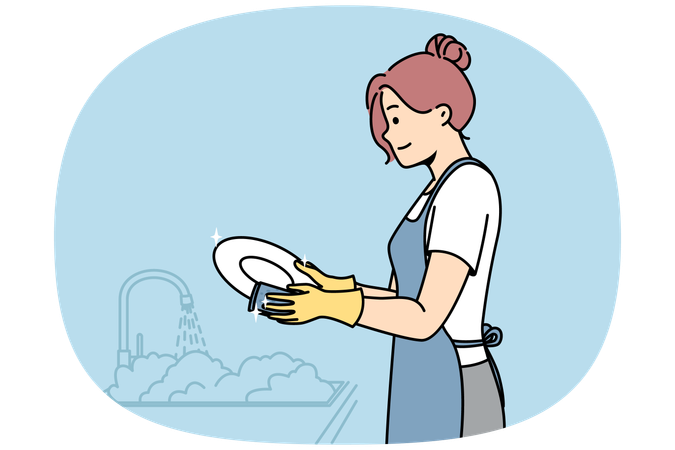 Woman washes plates in gloves  Illustration