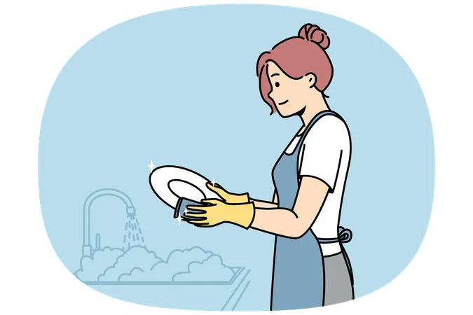 Woman washes plates in gloves  Illustration