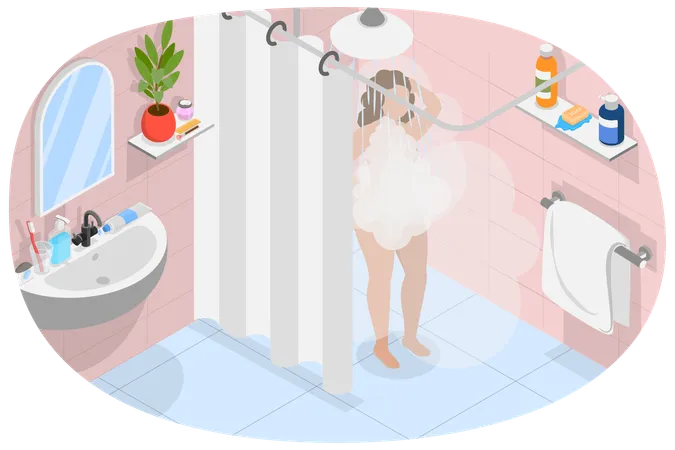3 D Isometric Flat Vector Illustration Of Everyday Hygiene Procedure Woman Washing At Bath Illustration