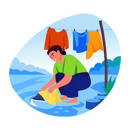 Woman washing clothes at river  Illustration